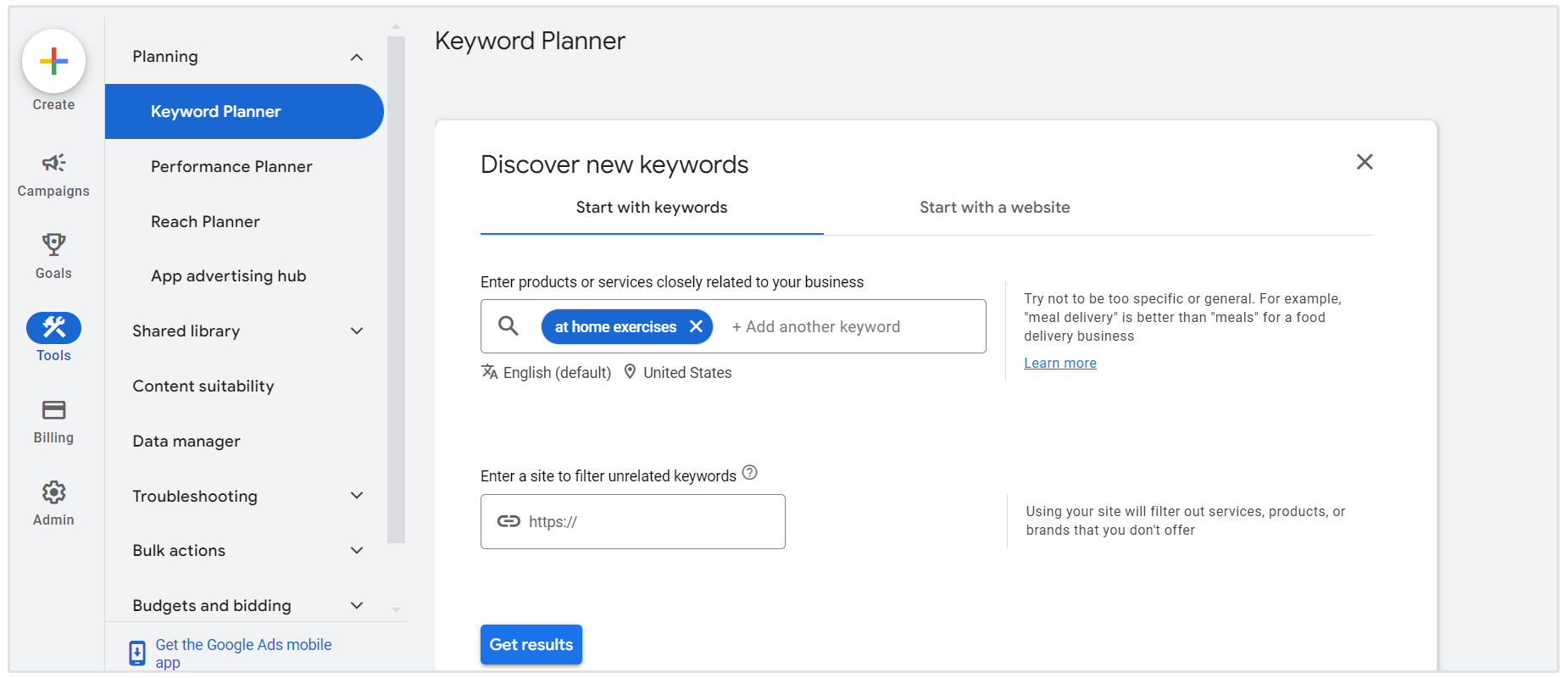 thuisoefeningen google keyword planner